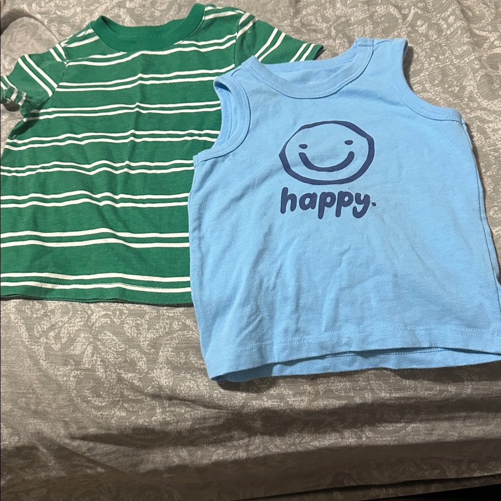 Cat & Jack Green Striped Shirt and Blue Happy Tank